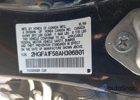 2010 Honda Civic Lx z USA, uszkodzony, nr VIN 2HGFA1F58AH306801